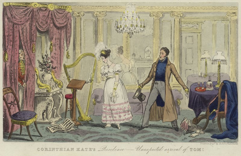 Residencia de Corinthian Kate - llegada inesperada de Tom! de Isaac Robert Cruikshank