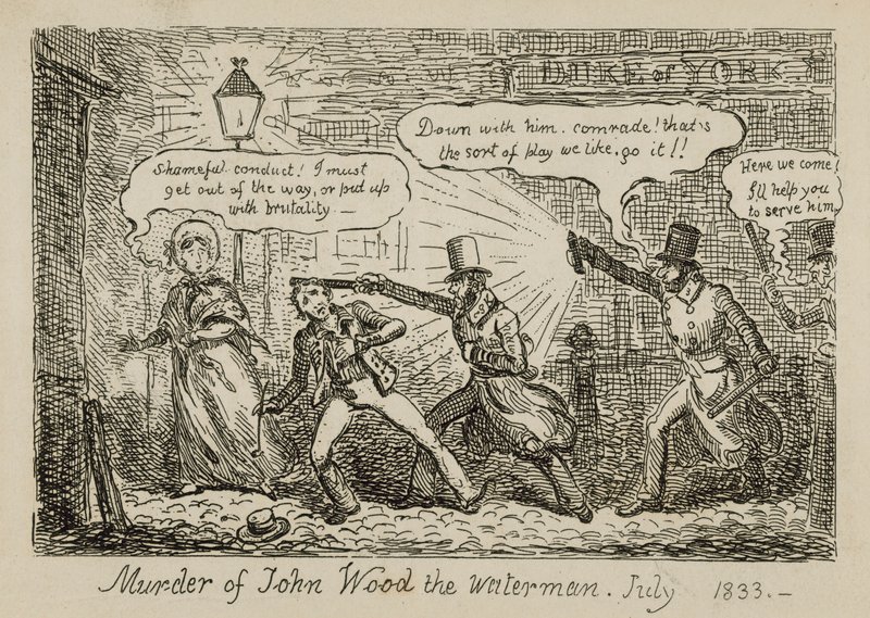Asesinato del aguador John Wood, julio de 1833 (grabado) de Isaac (after) Cruikshank