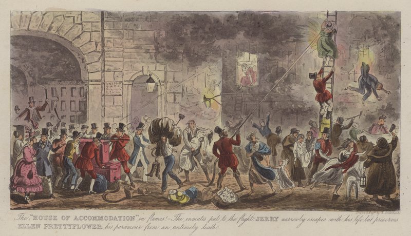¡La "Casa de Acomodación" en llamas! de Isaac Robert (after) Cruikshank