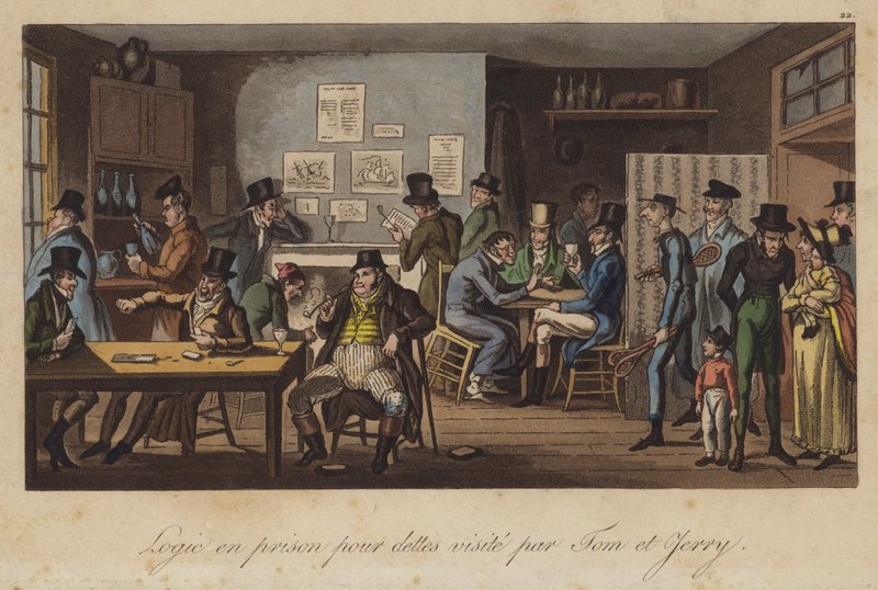Lógica en la prisión de deudores, siendo visitado por Tom y Jerry de Isaac Robert Cruikshank