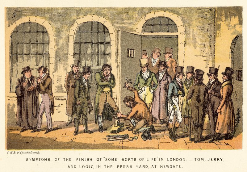 Síntomas del final de algunos tipos de vida en Londres, Tom, Jerry y Logic, en el Patio de Prensa, en Newgate de Isaac, Robert and George Cruikshank