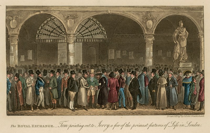La Bolsa Real: Tom señalando a Jerry algunas de las mejores características de la vida en Londres de Isaac, Robert and George Cruikshank