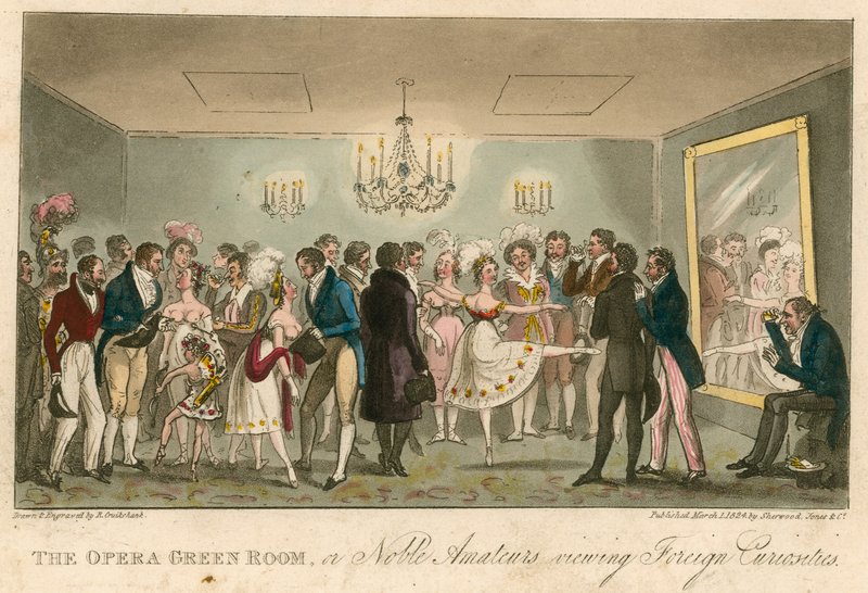 La sala verde de la ópera, o Nobles Aficionados viendo Curiosidades Extranjeras de Isaac, Robert and George Cruikshank