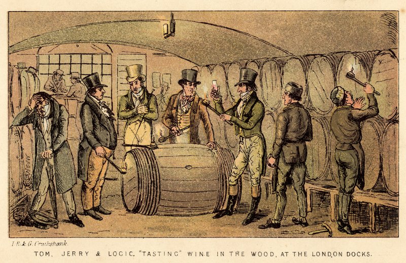 Tom, Jerry y Logic, probando vino en el barril, en los Muelles de Londres de Isaac, Robert and George Cruikshank