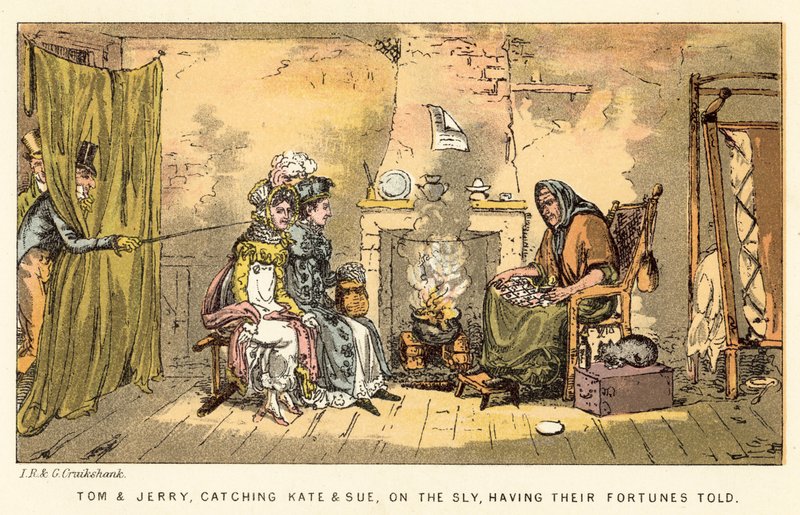 Tom y Jerry, atrapando a Kate y Sue, a escondidas, haciéndose leer la fortuna de Isaac, Robert and George Cruikshank