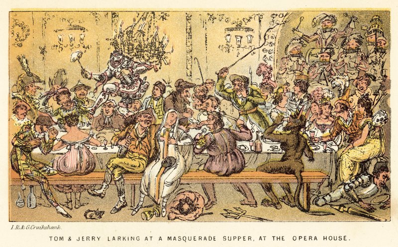 Tom y Jerry divirtiéndose en una Cena de Mascarada, en la Casa de la Ópera de Isaac, Robert and George Cruikshank