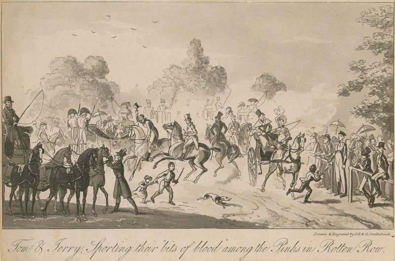 Tom y Jerry mostrando sus trofeos entre los rosas en el Rotten Row de Isaac, Robert and George Cruikshank