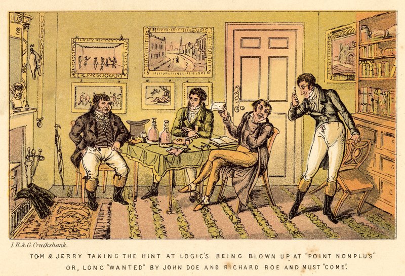 Tom y Jerry tomando la pista de que Logic está siendo explotado en Point Nonplus o, buscado por John de Isaac, Robert and George Cruikshank