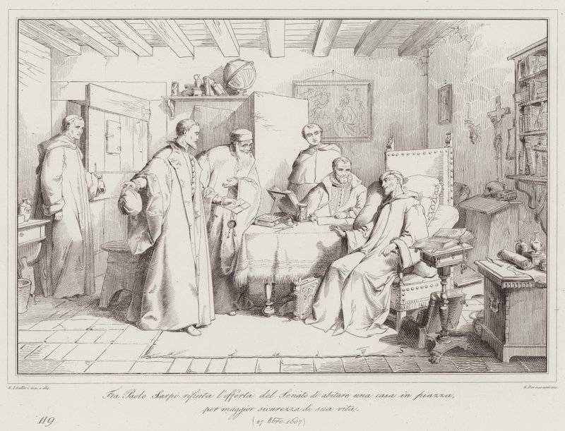 Fra Paolo Sarpi rechaza la oferta del Senado de habitar una casa en la plaza, para mayor seguridad de su vida, 1607 de Italian School