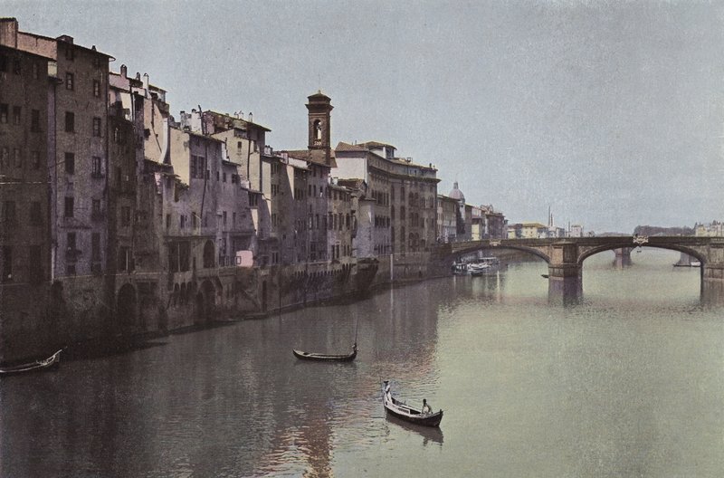 Florencia: Florencia, Vista del Arno con el puente de S. Trinita (foto coloreada) de Italian Photographer