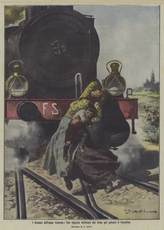 Una tragedia de amor fraternal: una niña muere atropellada por un tren cuando salva a su hermano pequeño (litografía en color) de Italian School