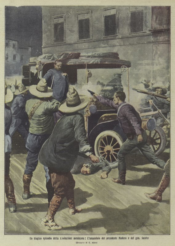 Un episodio trágico de la Revolución Mexicana: el asesinato del Presidente Madero y del General Suárez (litografía en color) de Italian School