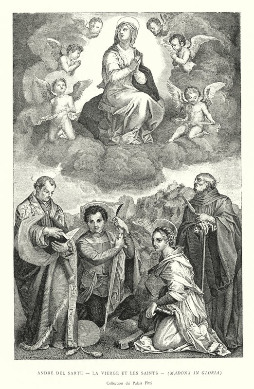 Andre del Sarte, La Virgen y los Santos, Madonna en Gloria, Colección del Palacio Pitti (grabado) de Italian School