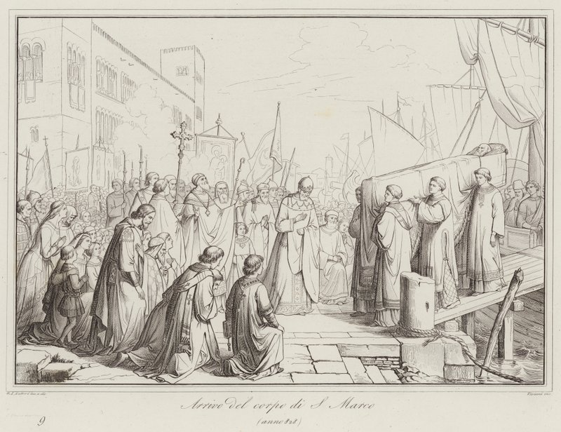 Arrivo del corpo di S Marco, 828 (grabado) de Italian School