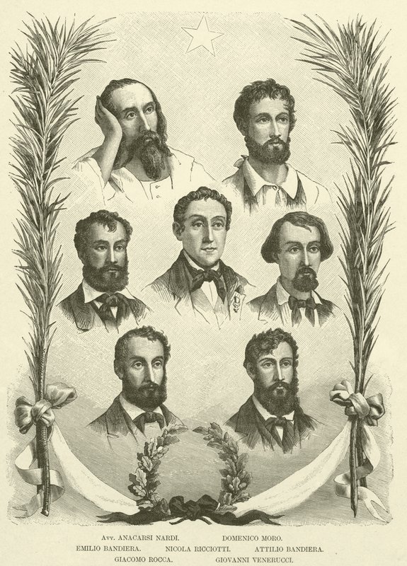 Avv Anacarsi Nardi, Domenico Moro, Emilio Bandiera, Nicola Ricciotti, Attilio Bandiera, Giacomo Rocca, Giovanni Venerucci (grabado) de Italian School
