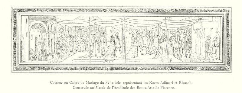 Cassone o caja de matrimonio del siglo XV, representando las bodas Adimari y Ricasoli, conservada en el Museo de la Academia de Bellas Artes de Florencia de Italian School