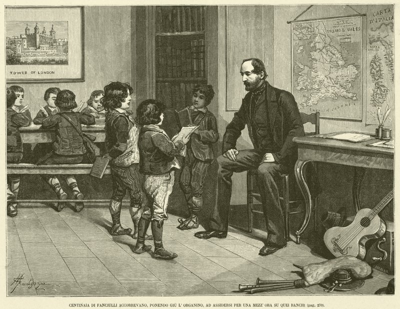 Cientos de niños acudían, dejando el organillo, para sentarse por media hora en esos bancos (grabado) de Italian School