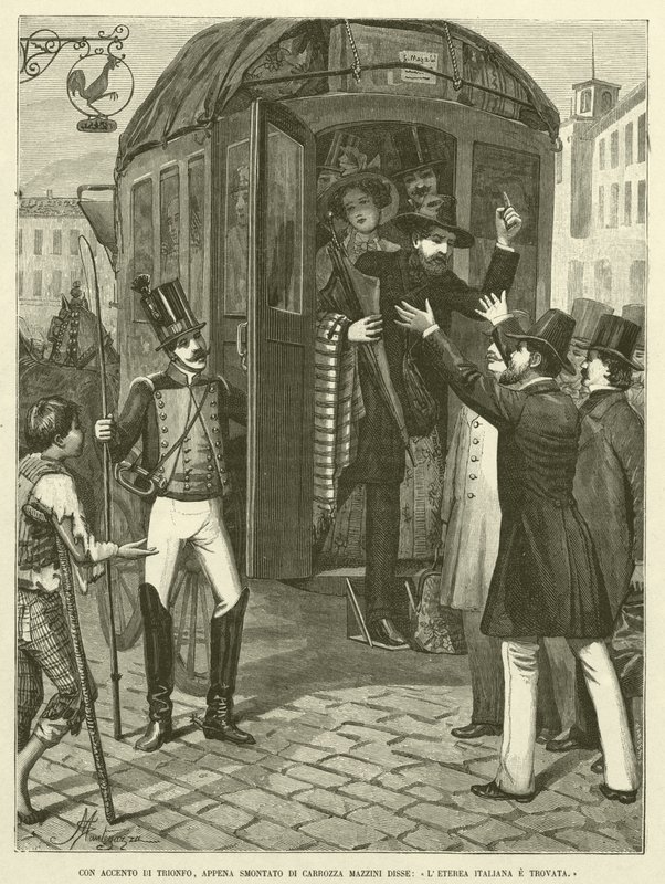 Con acento de triunfo, apenas bajado del carruaje, Mazzini dijo, "La Italia etérea ha sido encontrada" (grabado) de Italian School