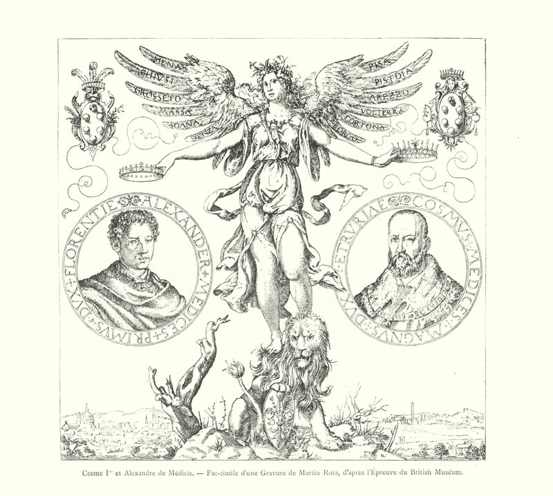 Cosme I y Alejandro de Médicis, facsímil de un grabado de Martin Rota, según la prueba del Museo Británico de Italian School