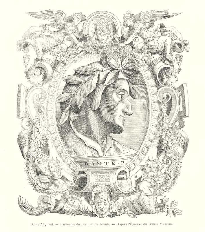 Dante Alighieri, facsímil del retrato de los Giunti, según la prueba del Museo Británico de Italian School