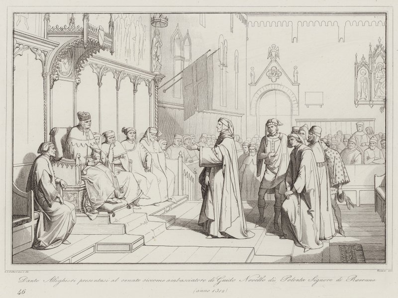Dante Alighieri se presenta al senado como embajador de Guido Novello di Polenta Señor de Ravenna de Italian School