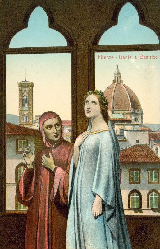 Florencia, Dante y Beatriz (litografía en color) de Italian School