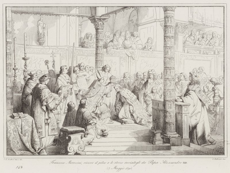Francesco Morosini recibe el pileo y la espada enviados por el Papa Alejandro VIII de Italian School