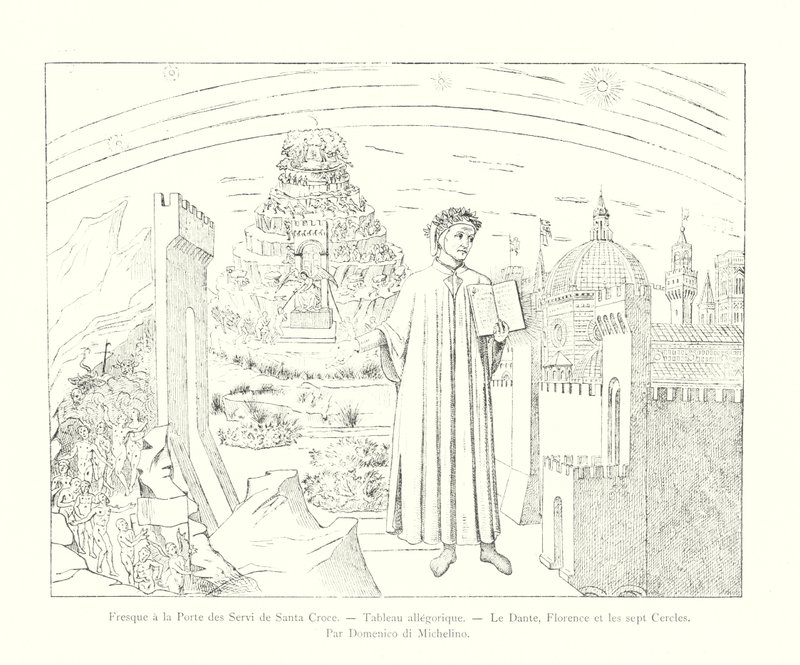 Fresco en la Puerta de los Servi de Santa Croce, Cuadro alegórico, Dante, Florencia y los siete círculos, por Domenico di Michelino de Italian School