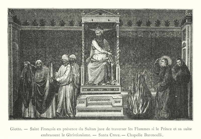 Giotto, San Francisco en presencia del Sultán jura atravesar las Llamas si el Príncipe y su séquito abrazan el Cristianismo, Santa Croce, Capilla Baroncelli (grabado) de Italian School