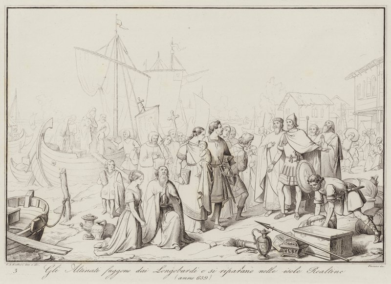 Los Altinati huyen de los Longobardos y se refugian en las islas Realtine, 639 de Italian School