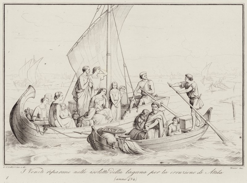 Los Venecianos se Refugian en las Islas de la Laguna por la Irrupción de Atila, 452 de Italian School