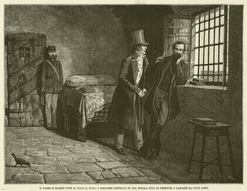 El padre de Mazzini pone al hijo en la encrucijada, quedarse confinado en una pequeña ciudad de Piamonte o dejar los estados sardos (grabado) de Italian School