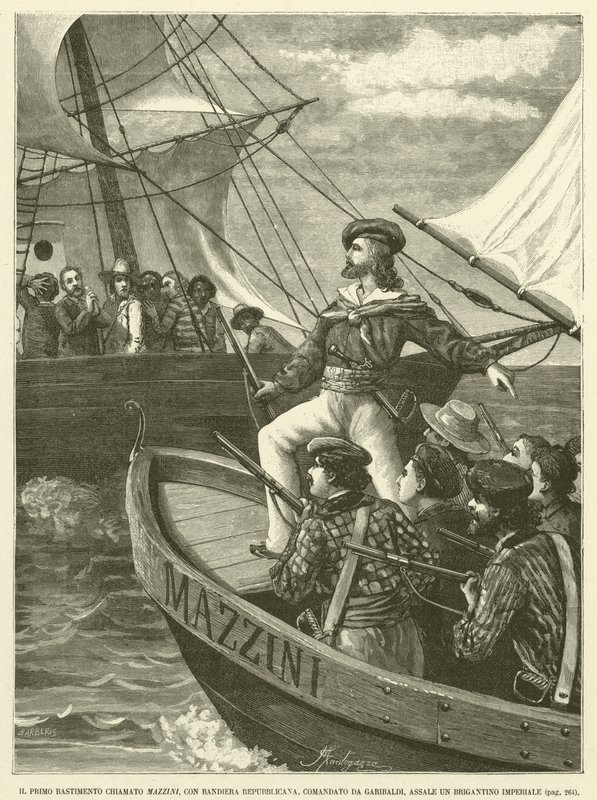 El primer barco llamado Mazzini, con bandera republicana, comandado por Garibaldi, asalta un brigantín imperial de Italian School