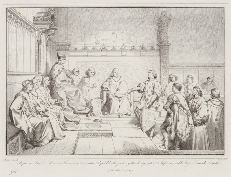 El primer Heraldo del rey de Francia, intima a la República la guerra, arrojando el guante de Italian School