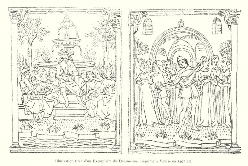 Ilustración tomada de un ejemplar del Decamerón, impreso en Venecia en 1492, I de Italian School