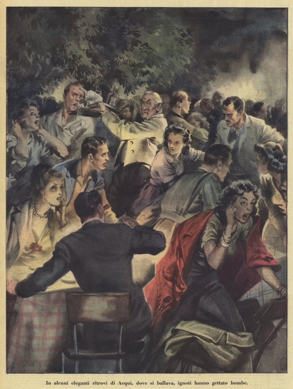 En algunos elegantes lugares de reunión de Acqui, donde la gente bailaba, unos desconocidos lanzaron bombas (litografía en color) de Italian School