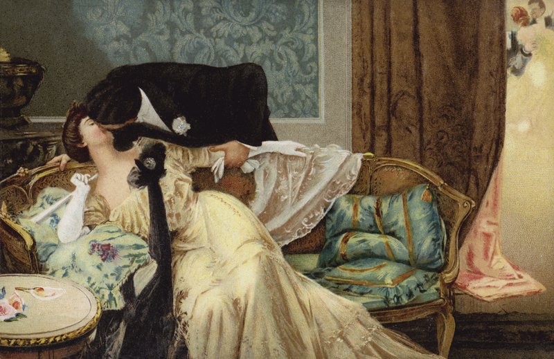 Pareja besándose (litografía en color) de Italian School