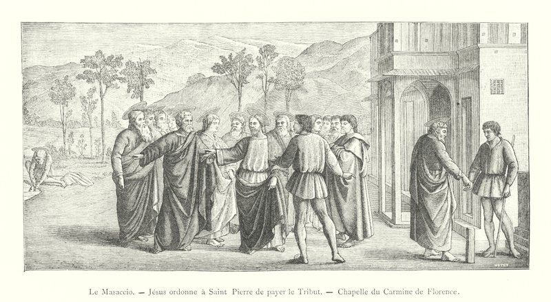 Masaccio, Jesús ordena a San Pedro pagar el tributo, Capilla del Carmine de Florencia (grabado) de Italian School
