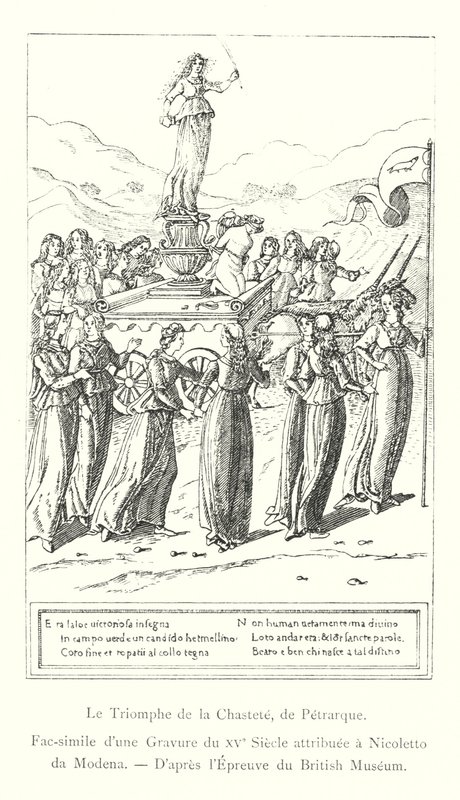 El triunfo de la castidad, de Petrarca, facsímil de una grabado del siglo XV atribuido a Nicoletto da Modena, según la prueba del Museo Británico de Italian School