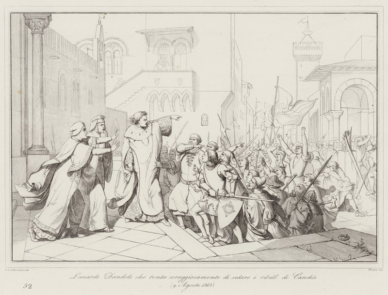 Leonardo Dandolo intentando valientemente calmar a los rebeldes de Candia de Italian School