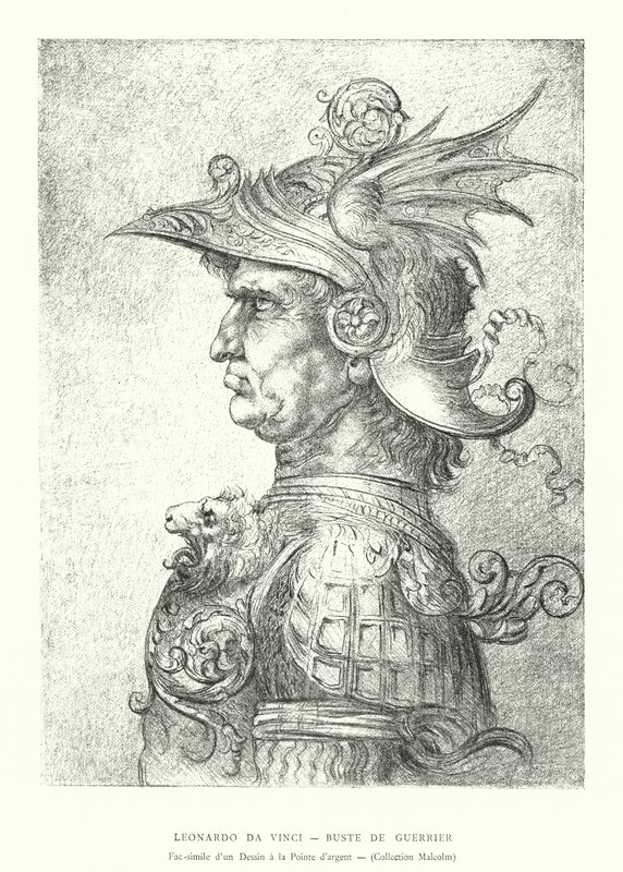 Leonardo da Vinci, busto de guerrero, facsímil de un dibujo a la punta de plata, colección Malcolm (grabado) de Italian School
