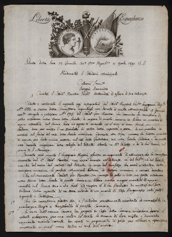 Carta en italiano, con una representación de la cabeza de Bruto el joven, una mano ardiente que representa a Cayo Mucio Escévola, y el lema de la Revolución Francesa de Italian School
