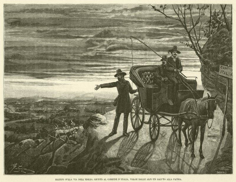 Mazzini en el Camino del Exilio, Llegando a la Frontera de Italia, Saluda a la Patria desde los Alpes de Italian School