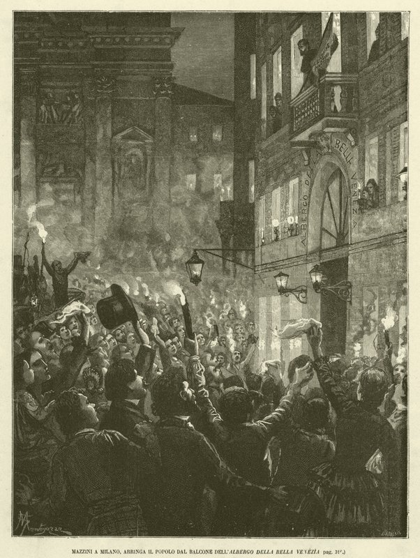 Mazzini en Milán, arengando al pueblo desde el balcón del Albergo Della Bella Venezia (grabado) de Italian School