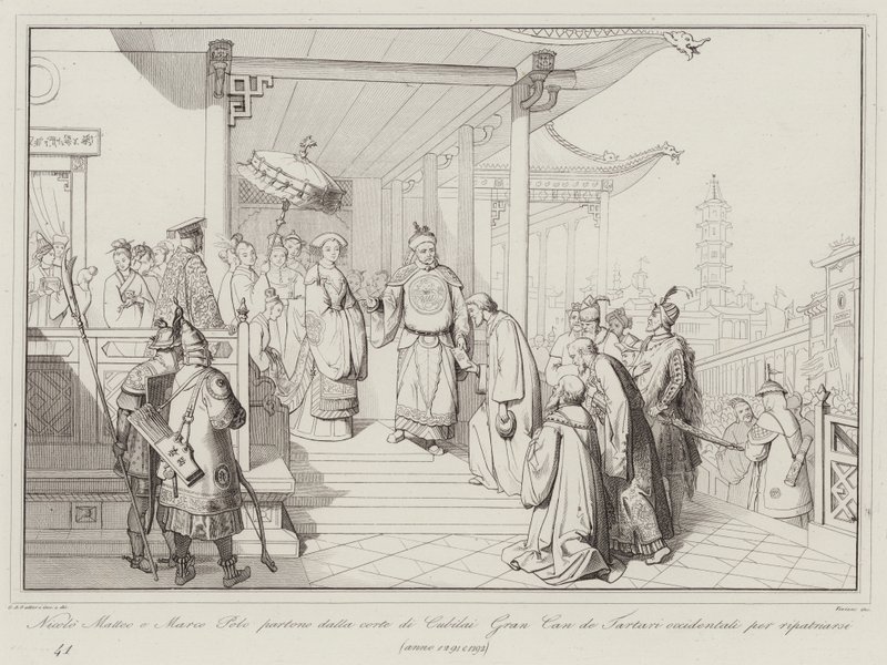 Nicolo Matteo y Marco Polo parten de la corte de Kublai Gran Kan de los tártaros occidentales para regresar a su patria de Italian School
