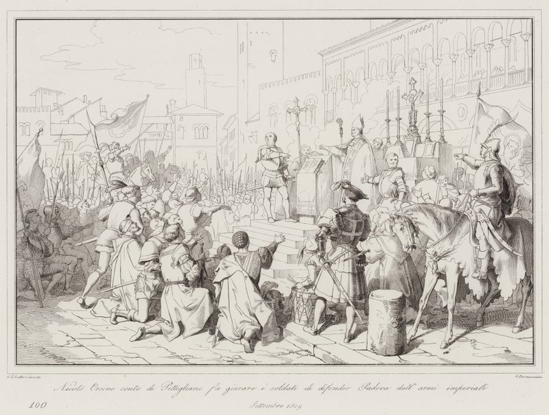 Nicolo Orsino, conde de Pitigliano, hace jurar a los soldados defender Padua de las armas imperiales de Italian School