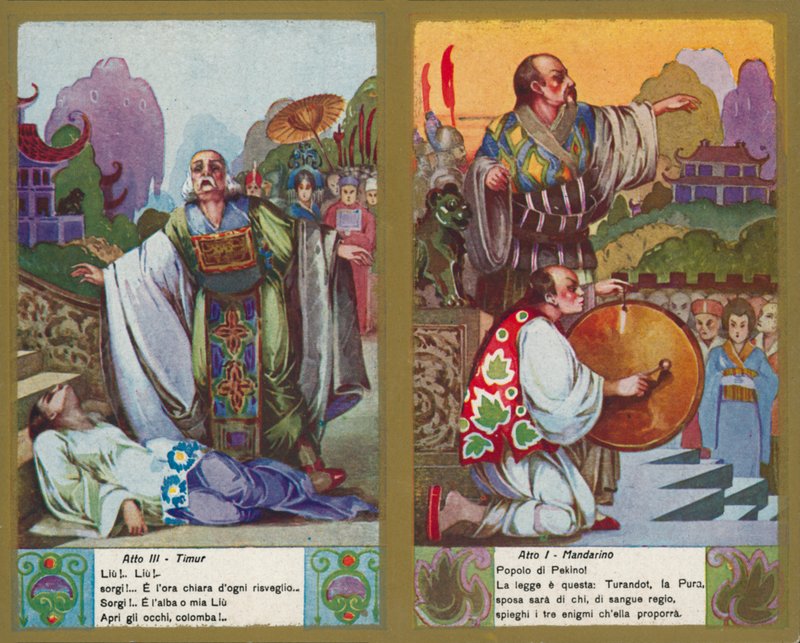 Una de las ilustraciones de la ópera Turandot de Puccini (litografía en color) de Italian School