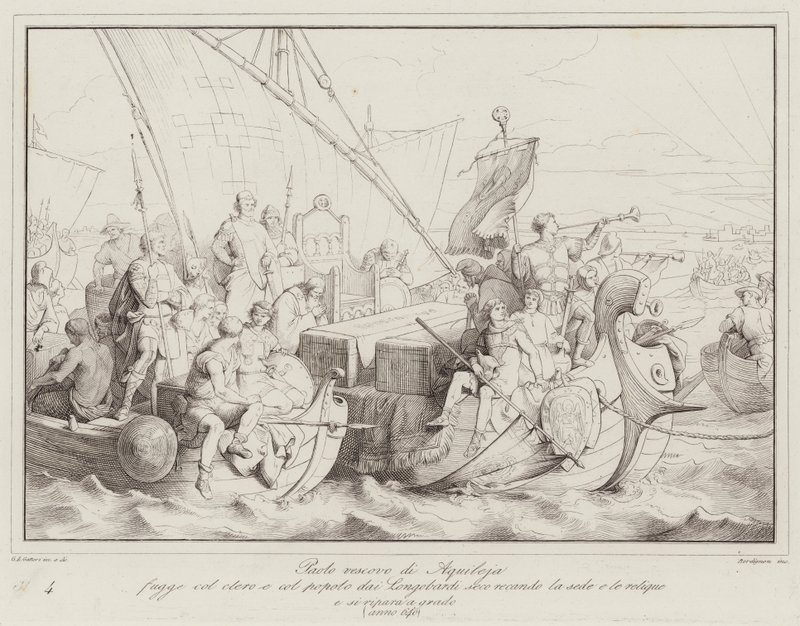 Paolo obispo de Aquileja huye con el clero y el pueblo de los Longobardos llevando la sede de Italian School