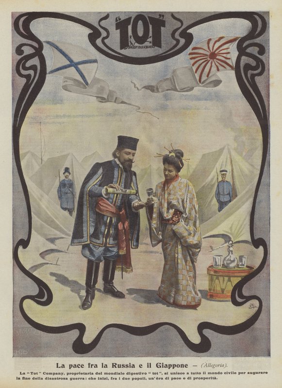 Paz entre Rusia y Japón (litografía en color) de Italian School