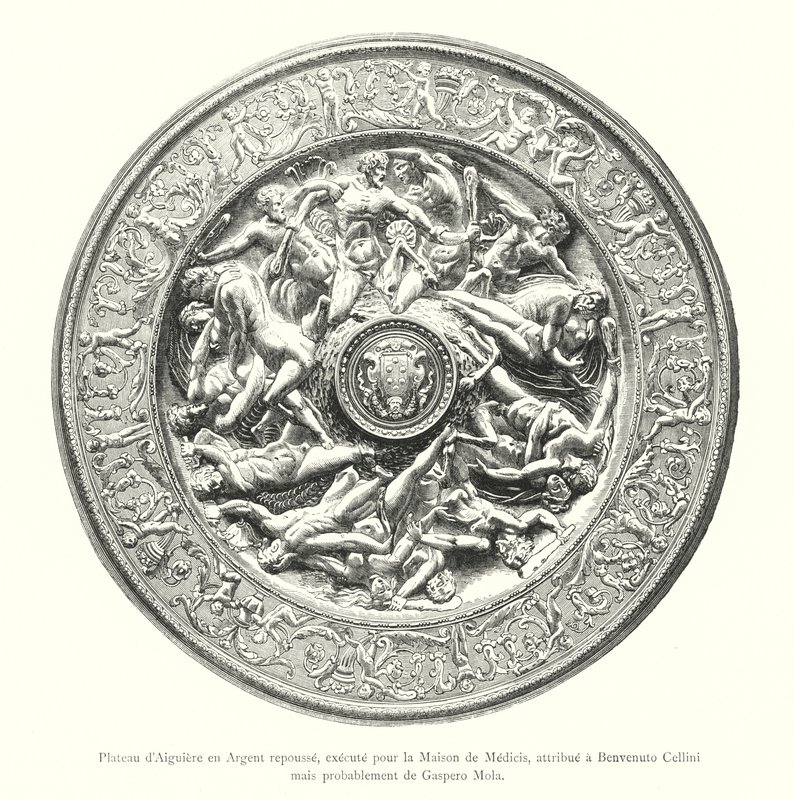 Plato de Jarra en Plata repujada, ejecutado para la Casa de Medici, atribuido a Benvenuto Cellini pero probablemente de Gaspero Mola (grabado) de Italian School